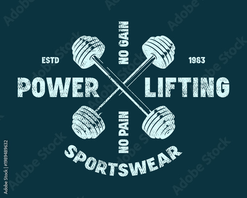 Emblem for powerlifting club. Graphic design with rough texture for t-shirt. Blue print on dark background