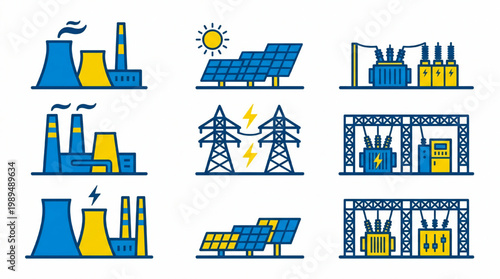Set of Icons Representing Energy Production and Distribution.