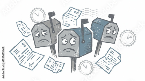 Sad Mailboxes Overwhelmed with Bills and Mail.
