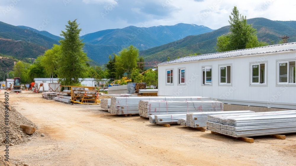 Fototapeta premium Construction Site with Modular Buildings and Metal Sheets Surrounded by Mountains and Clear Blue Sky
