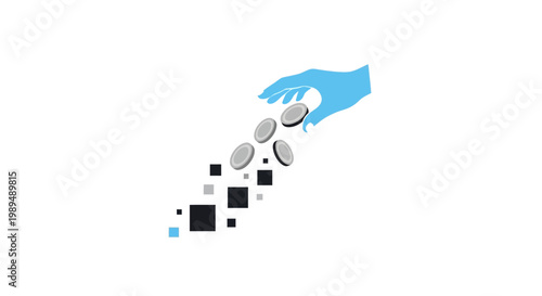 Hand pouring coins into digital graphics.