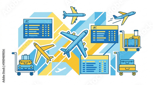 Airport Scene with Airplanes and Luggage Carts.