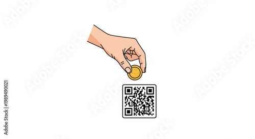Hand holding coin over QR code.