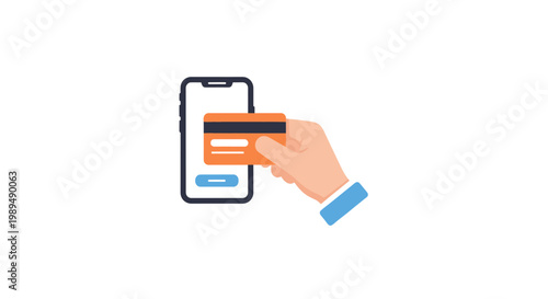 Hand holding credit card near smartphone.