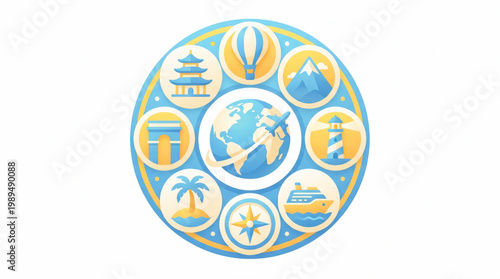 Circular Travel Collage Featuring Global Destinations and Icons.