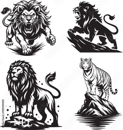 Majestic Wild Cats Silhouette Set – Lion and Tiger Vector Illustration