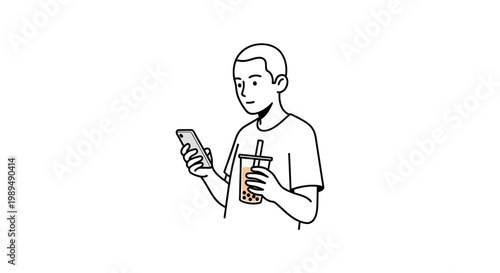 Man holding phone and drinking.