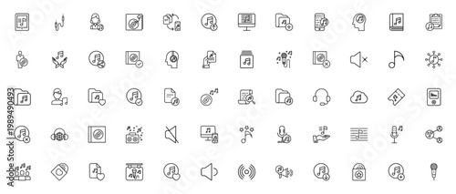Music icon set. Vector music icons pack. Includes symbols for player, album, note, file, headphone, microphone, volume, download and more. Editable stroke.