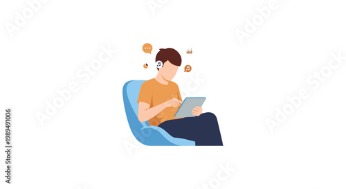 Man sitting on chair with tablet.