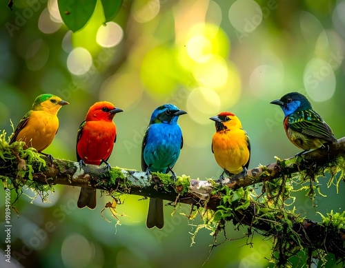 Group Of Colorful Tropical Birds Perched On A Mossy Tree Branch In A Sunlit Rainforest With Vibrant Bokeh Background