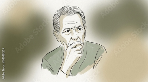 Thoughtful elderly man with hand on chin contemplating.