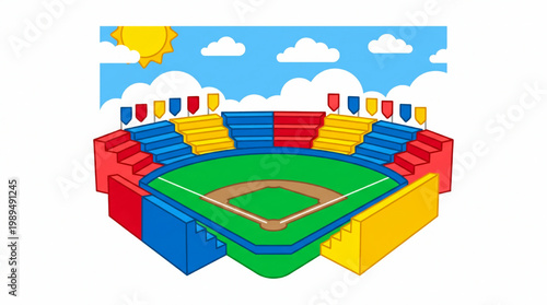 Colorful Baseball Stadium Illustration with Green Field and Seating.