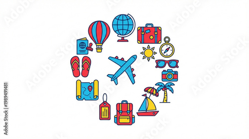 Collection of Travel and Vacation Icons Arranged in a Circle.