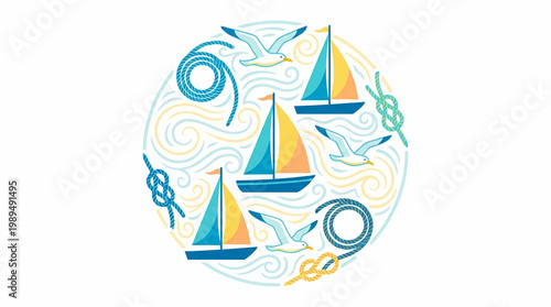 Nautical Theme Illustration with Sailboats and Seagulls.