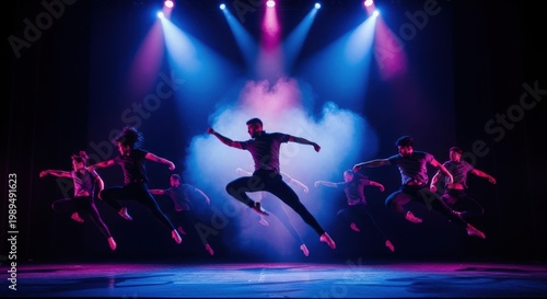 Dynamic street dance crew explodes into synchronized midair jumps under colorful stage lights, freezing rhythm, attitude, and raw energy in a powerful live performance

