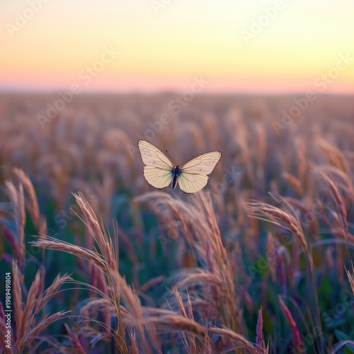 Butterfly hovers above tall, golden grasses at sunset