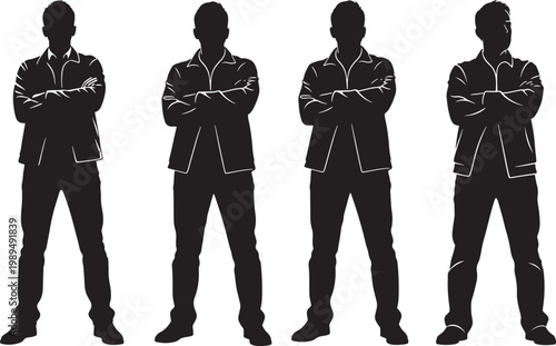 Four men in silhouette with arms crossed white background silhouette standing isolated confident attitude clothing trousers together strength authority business portrait individuals