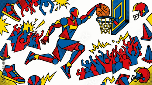 Dynamic basketball player performing a slam dunk in mid-air.