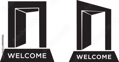Two open doorways with "welcome" signs on the bases one doorway is straight the other is angled black and white greeting invitation architecture entrance hospitality reception open door