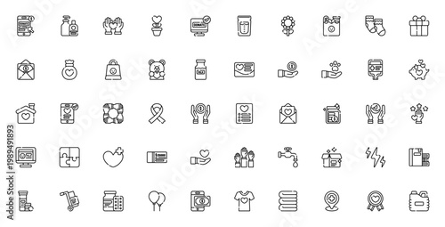 Charity icon set. Vector illustration pack. Includes symbols for donation, aid, ecology, business, finance, animals, care and more. Editable stroke.