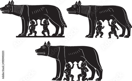 Three stylized black and white illustrations of the capitoline wolf suckling romulus and remus with foundation of rome roman history ancient history classical mythology artistic representation