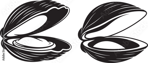 Two black and white illustrations of open oyster shells with oyster shell raw bar illustration set drawing collection graphic design aquatic animal marine life animal product illustration