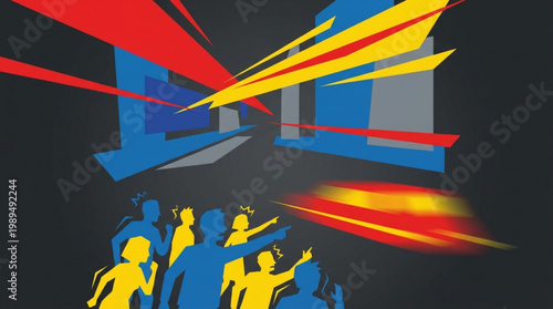 Diverse group of people looking up at bright abstract light show.