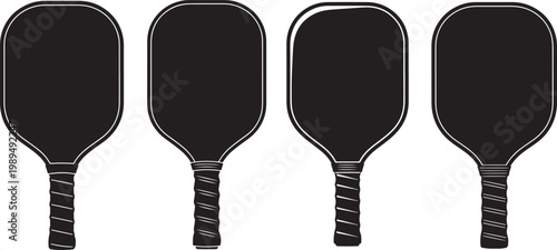 Four black pickleball paddles arranged in a row with pickleball equipment silhouette multiple athletic recreation activity competition lifestyle isolated template sporting composite