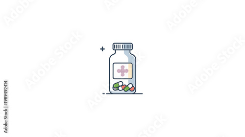 A stylized illustration of a medicine bottle icon with assorted colorful pills inside.