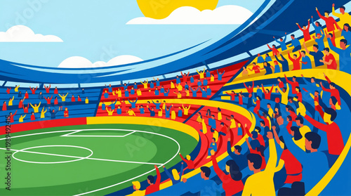 Vibrant Football Stadium Crowd Cheering Enthusiastically During a Match.