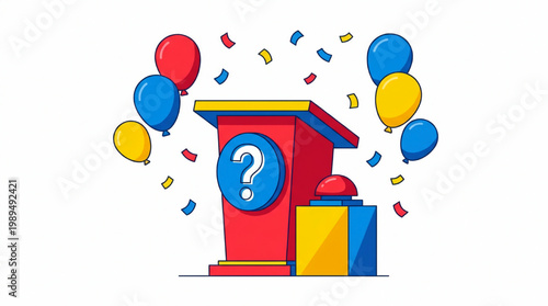 Quiz Show Podium With Question Mark and Gift Box.