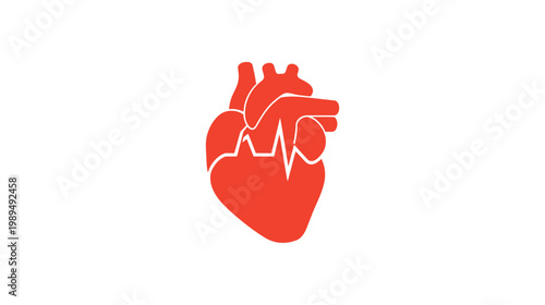 A stylized red medical heart with a prominent heartbeat line illustration