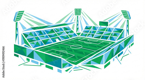 Modern Soccer Stadium with Green Field and Bright Lights.