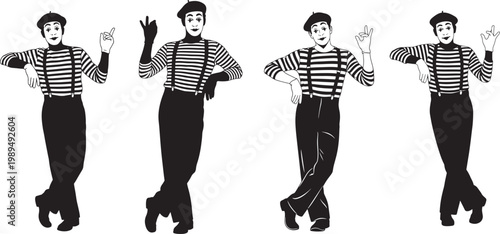 Four mime artists in traditional costume and makeup performing different poses and gestures with performer performing expression theatrical character pantomime entertainer silhouette isolated