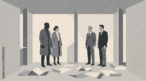Four people in business attire standing in a room.
