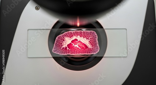 Microscope Slide with Red Stained Tissue Sample