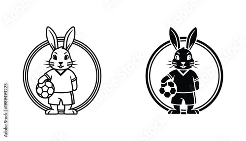Rabbit soccer player mascot icon set featuring bunny holding football in circular frame in linear and solid black vector style for sports branding and mascot design elements for youth teams