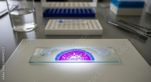 Microscope slide with stained biological specimen on laboratory bench