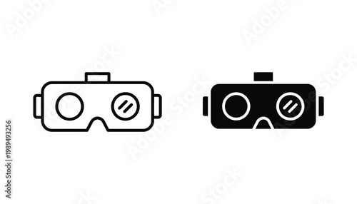 Virtual reality headset icon set featuring VR goggles in linear and solid black vector style for modern immersive technology and gaming themed digital interface design and marketing assets