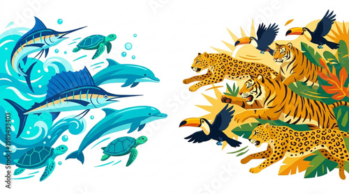 Diverse Wildlife Collection Featuring Marine and Jungle Animals.