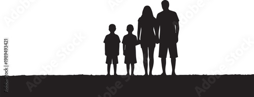 Family silhouette standing together on ground line art vector illustration for parenthood