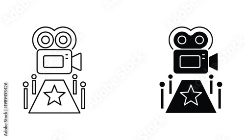 Minimalist red carpet film premiere icon set featuring cinema camera and star symbol in linear and solid black vector style for entertainment industry branding and event promotion digital graphics