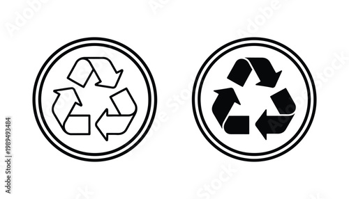 Universal recycling symbol icon set featuring circular arrow design in linear and solid black vector style for waste management and environmental sustainability communication materials and graphics