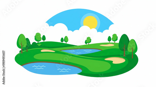 Beautiful Golf Course Landscape with Water Hazards and Sand Traps.
