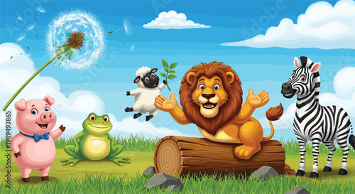 Cheerful Cartoon Animal Group Illustration with a Lion, Zebra, Pig, Frog, and Sheep in a Sunny Meadow Background with Dandelion and Blue Sky