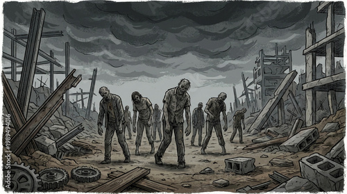 A group of zombies shambling forward in a desolate landscape.