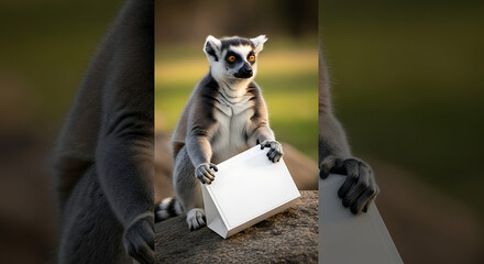 Ring-tailed lemur holding a blank white card with copy space in an outdoor setting, natural light, curious expression, wildlife photography