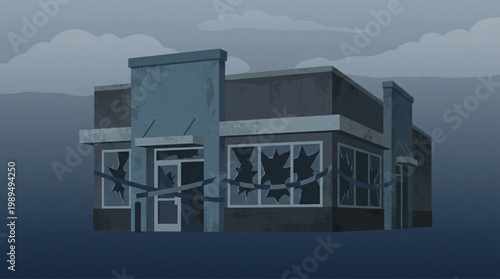 Abandoned Building with Broken Windows and Taped Doors.