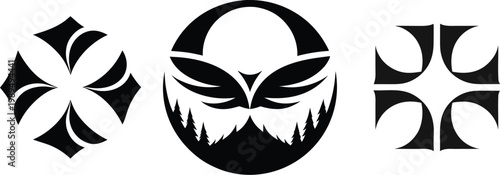 Set of three abstract geometric logos and stylized forest nature emblems, Minimalist vector logo collection with cross and mountain symbols