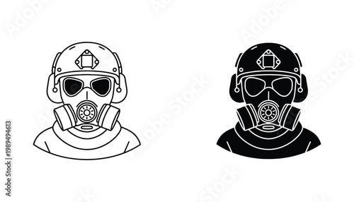 Hazmat suit worker head icon set featuring gas mask and protective helmet in outline and solid black silhouette styles for safety and industrial hazard themes